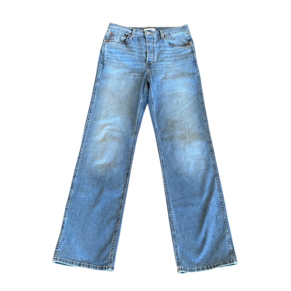 Re/Done High Rise Stovepipe Wide Leg Jeans Vintage Faded Blue Stretch Size‎ 28